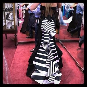 Strapless Black and White Striped Formal Dress